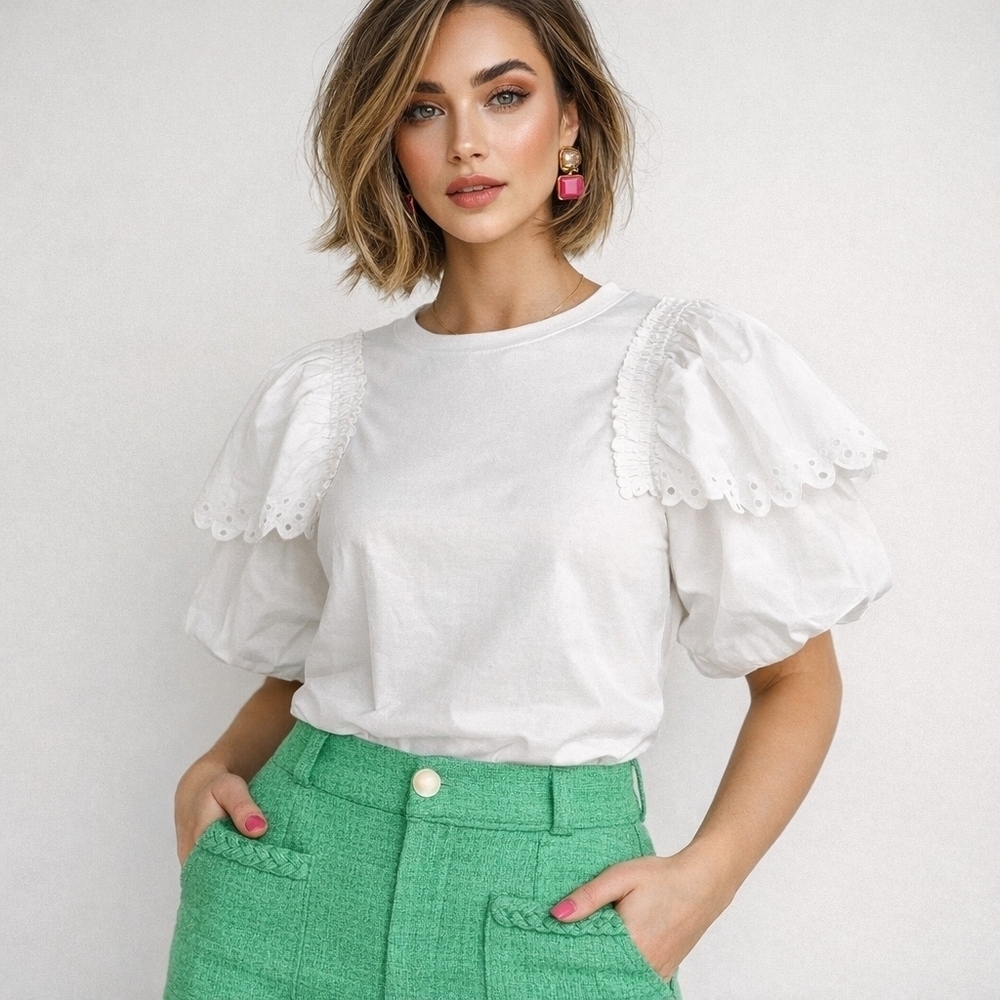 Oddi Sophia White Eyelet Puff Short Sleeve New Preppy Feminine Cotton Blouse - Picture 9 of 9